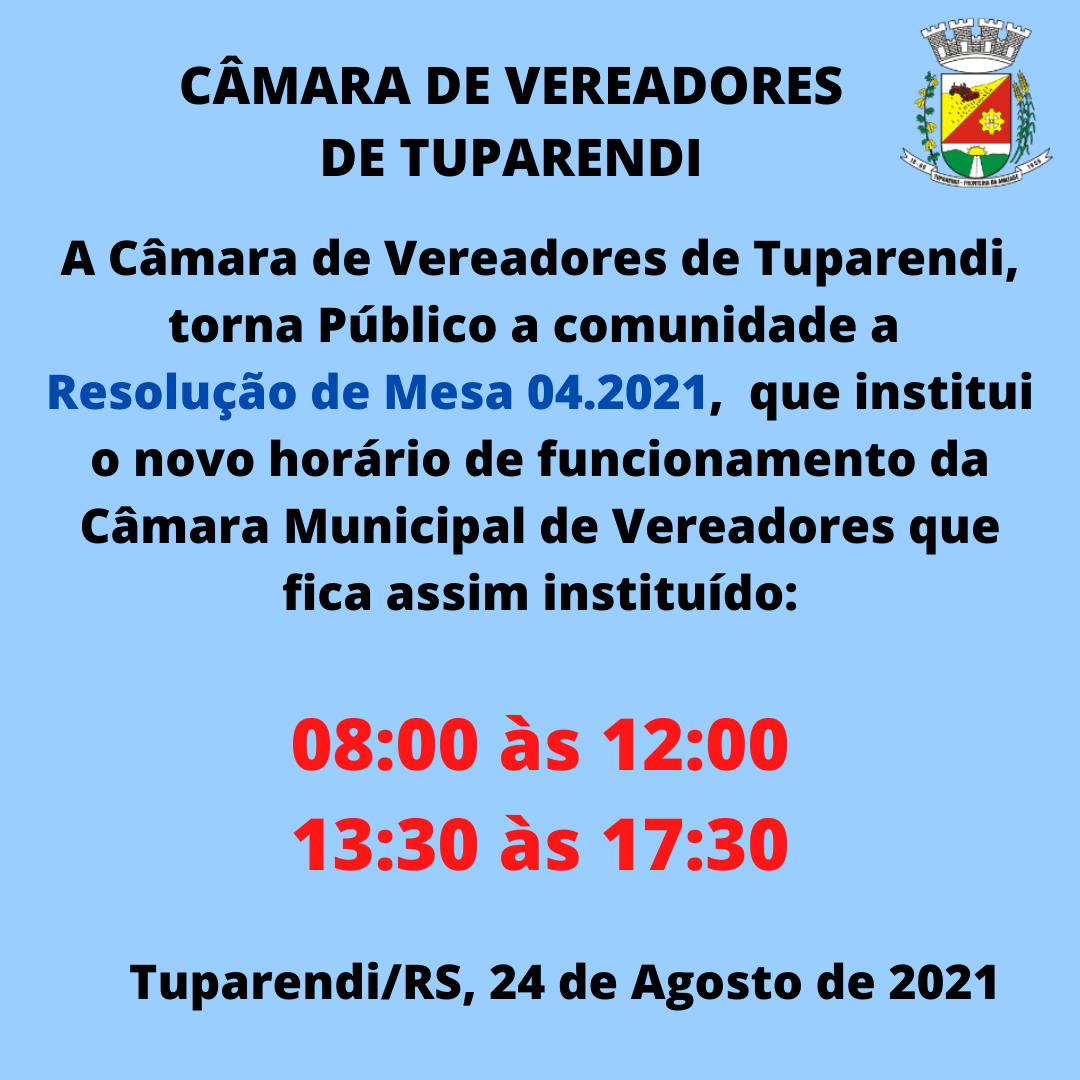 Novo Horário de Funcionamento da Câmara de Vereadores 